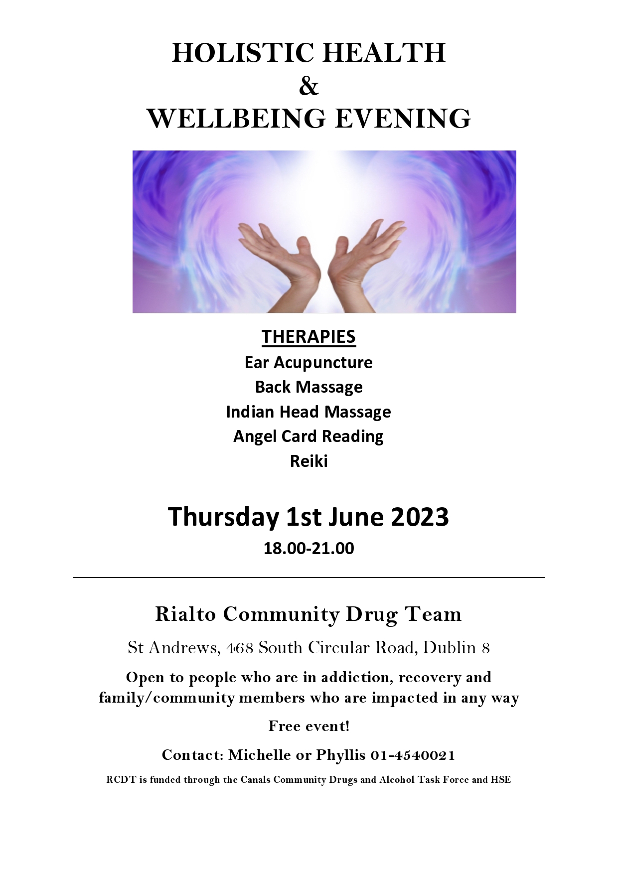 HOLISTIC HEALTH & WELLBEING EVENING JUNE 1st – Rialto Community Drug Team